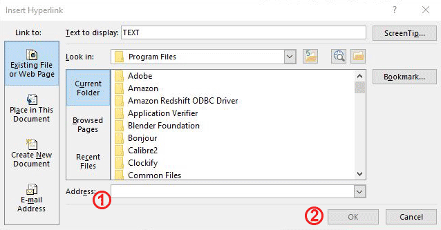 File Chooser Insert hyperlink dialog window PowerPoint