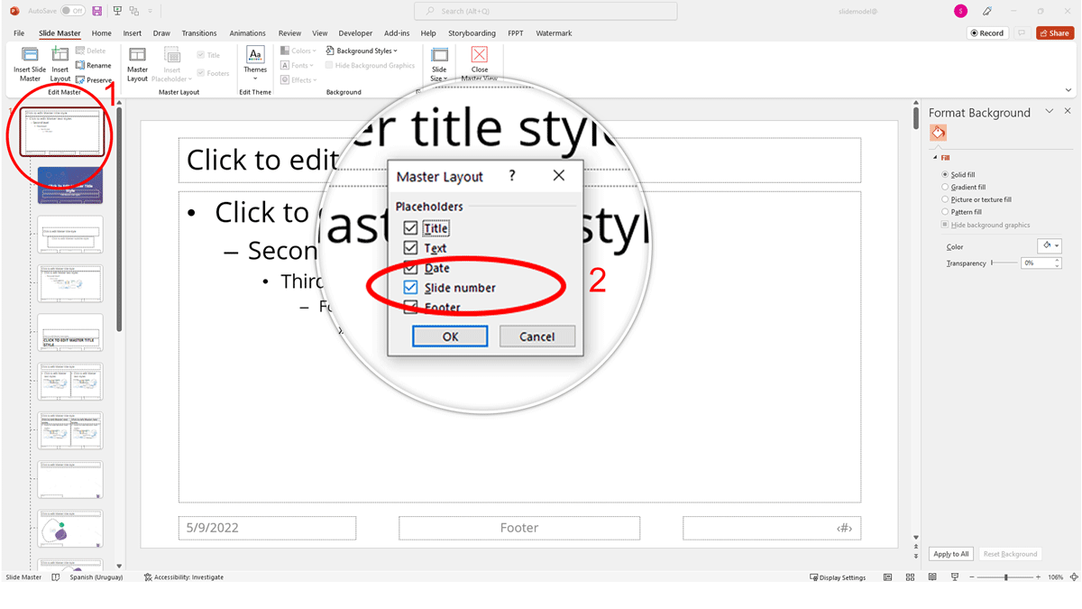 Insérer le numéro de diapositive dans la diapositive principale dans slidemaster