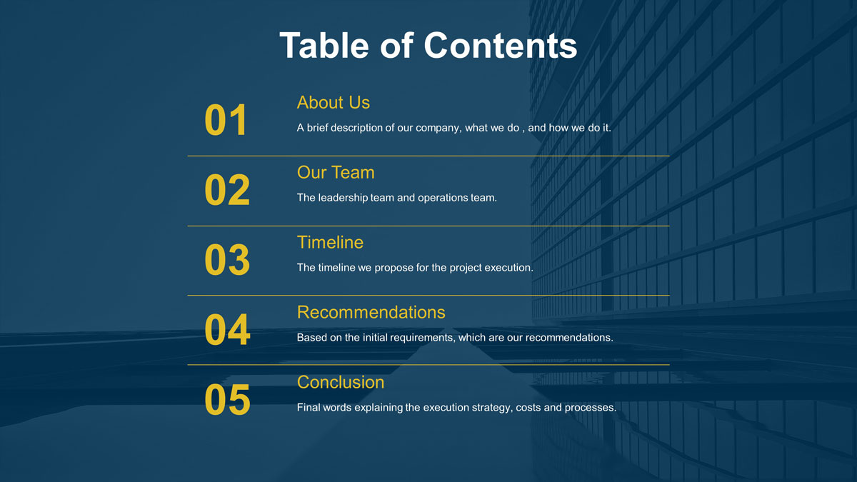 presentation table of contents slide