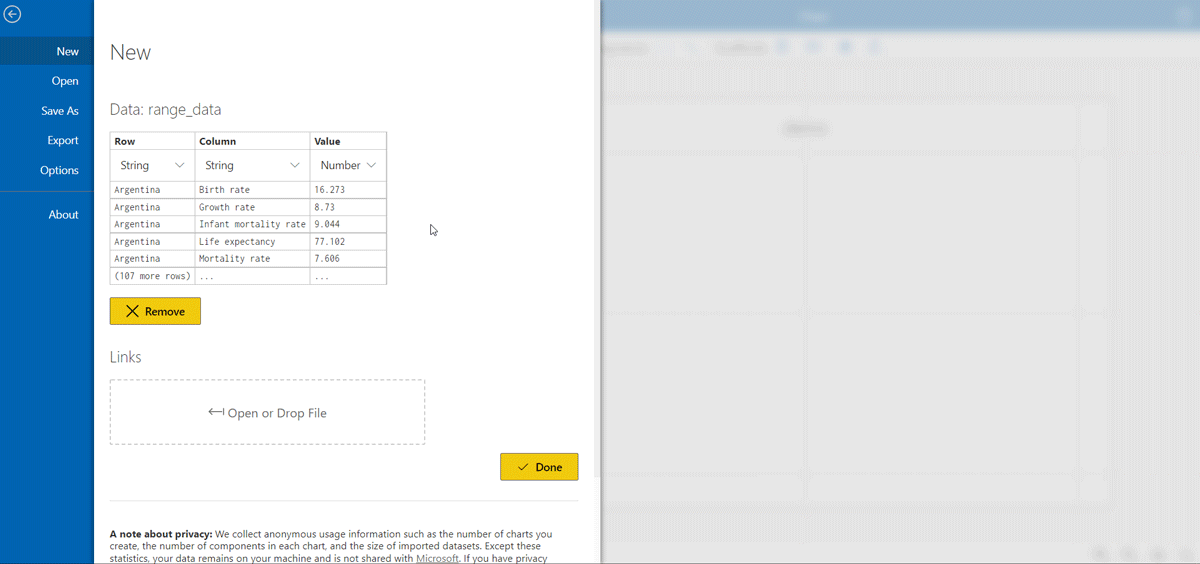 importing dataset of demographic data in Charticulator