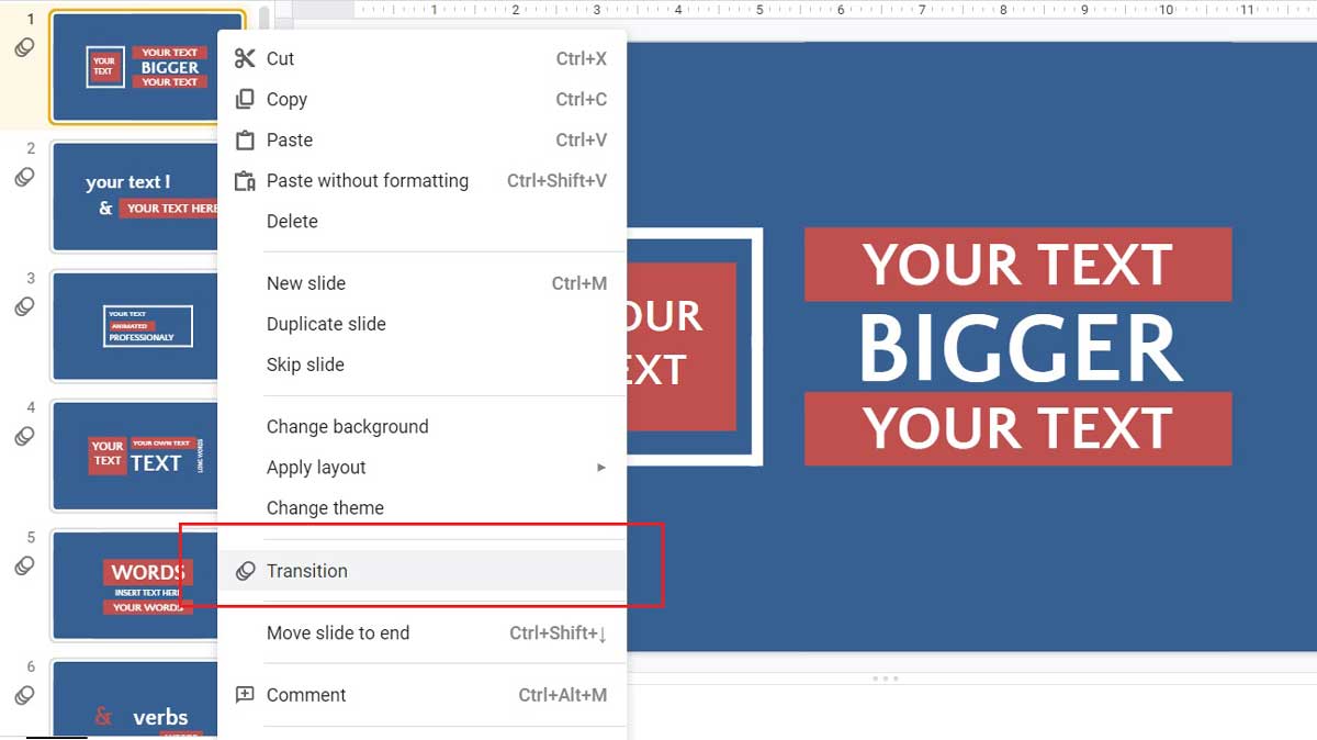select transitions in google slides