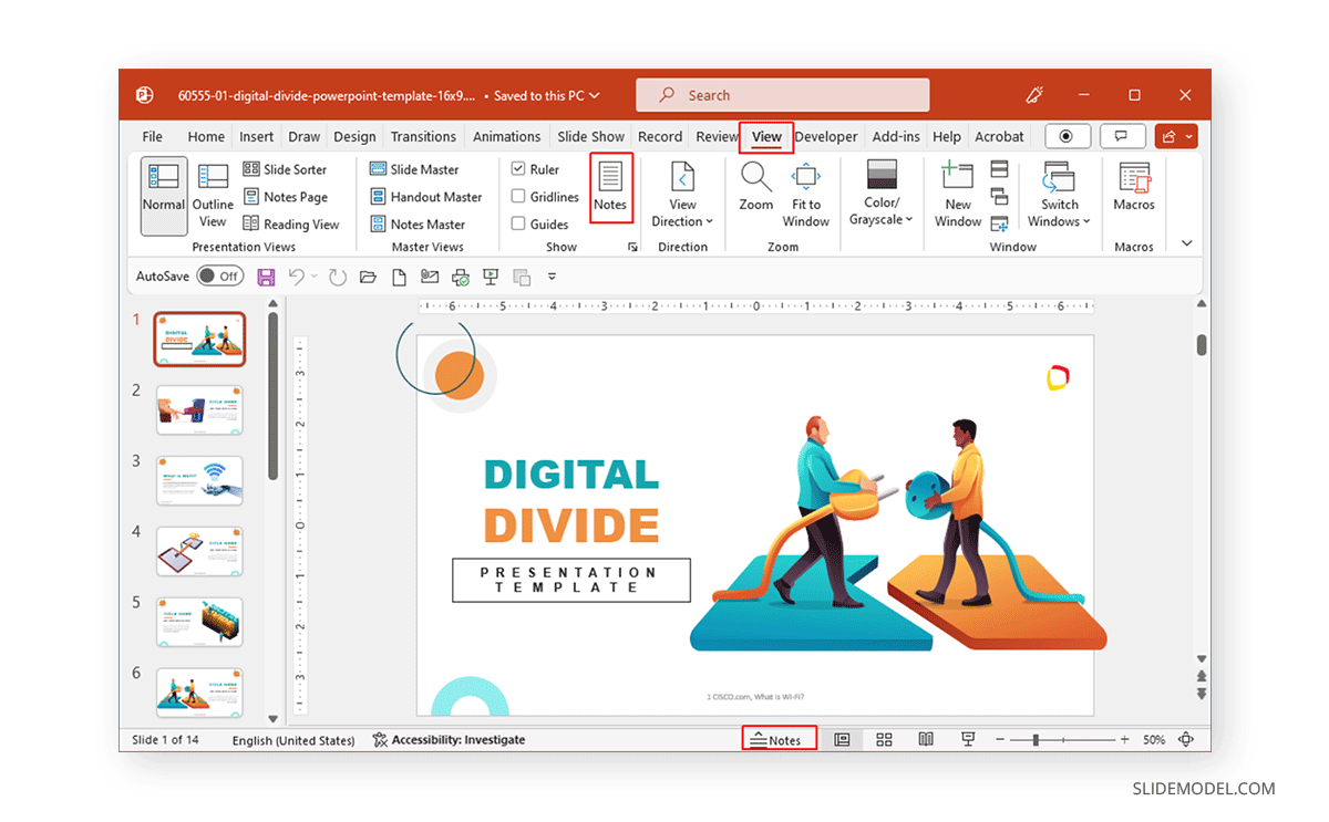 Accessing the notes panel in PowerPoint