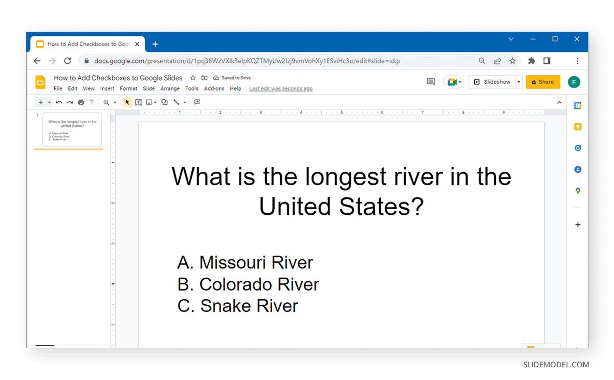 initial stage for adding checkboxes in Google Slides - Adding Check Boxes in Google Slides - First step, creating bullet lists.