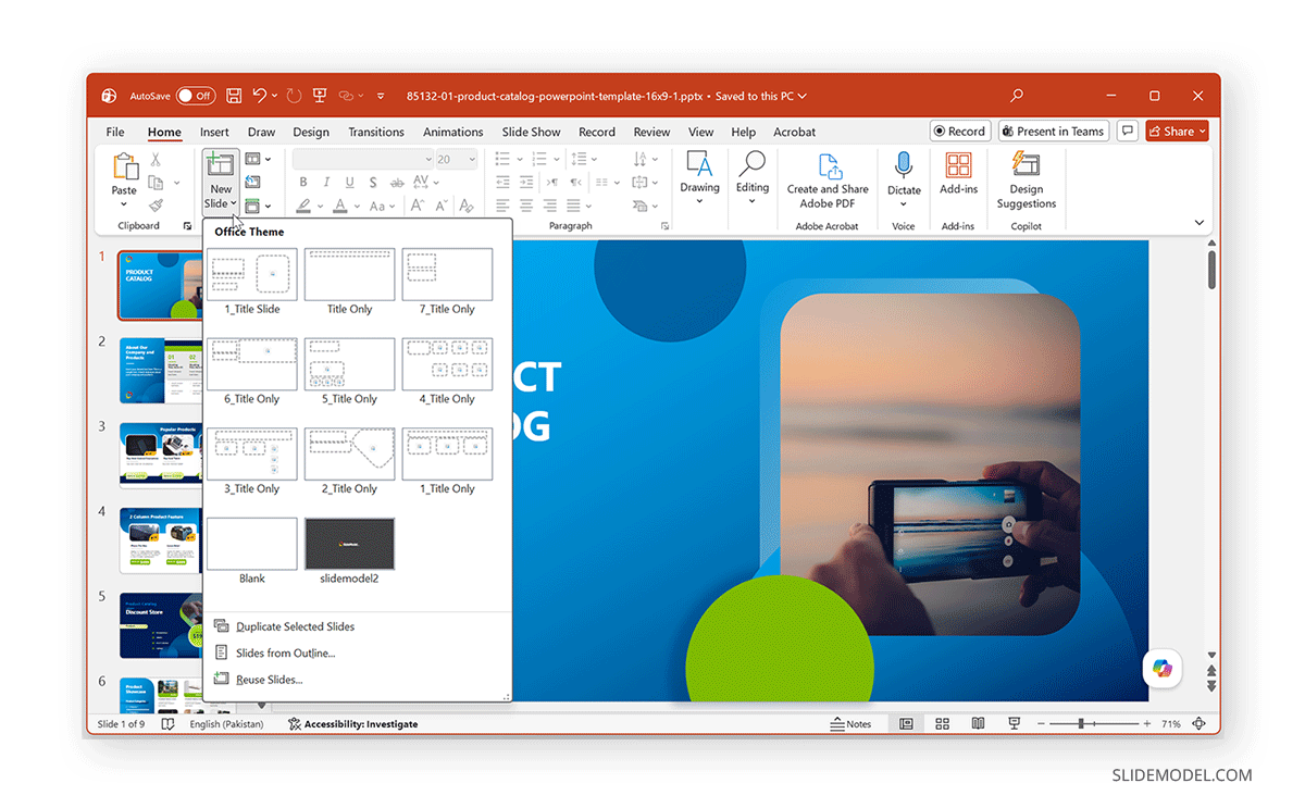 Layout options to add new PowerPoint slide