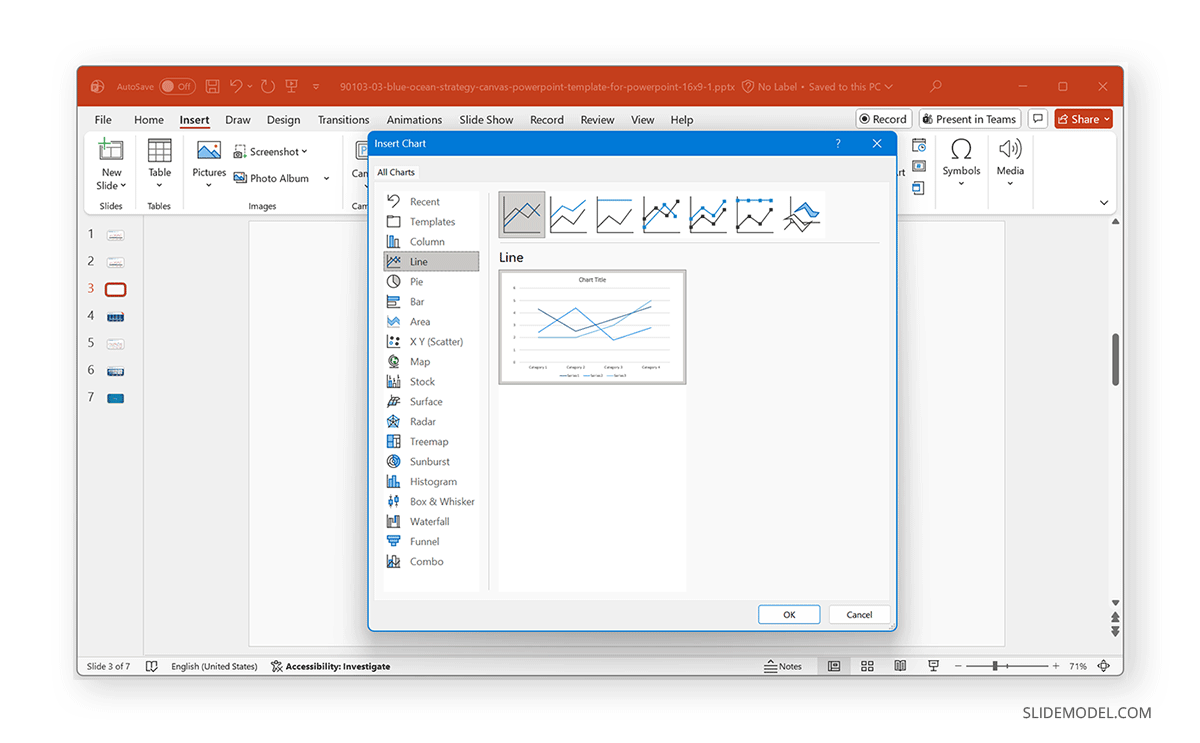 How to add a line chart into a PowerPoint slide