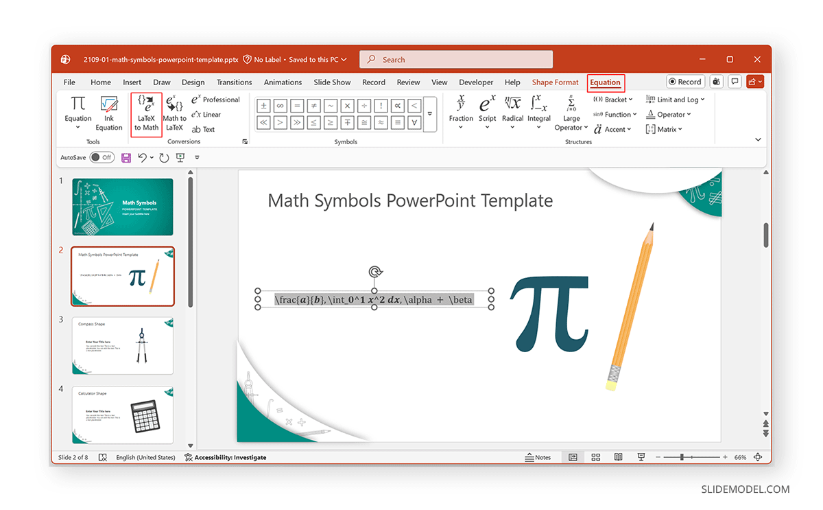 Finding LaTeX to Math in the Equation Tab PowerPoint