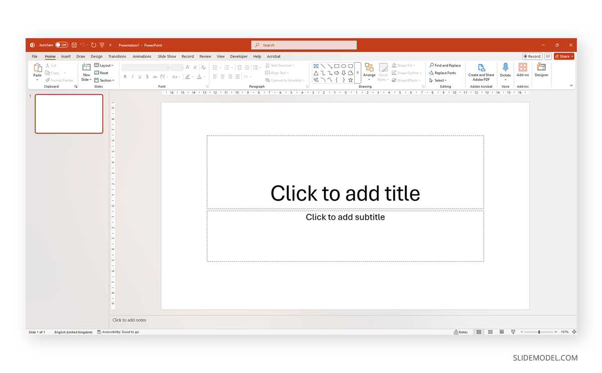 Full PowerPoint user interface with Ribbon on display