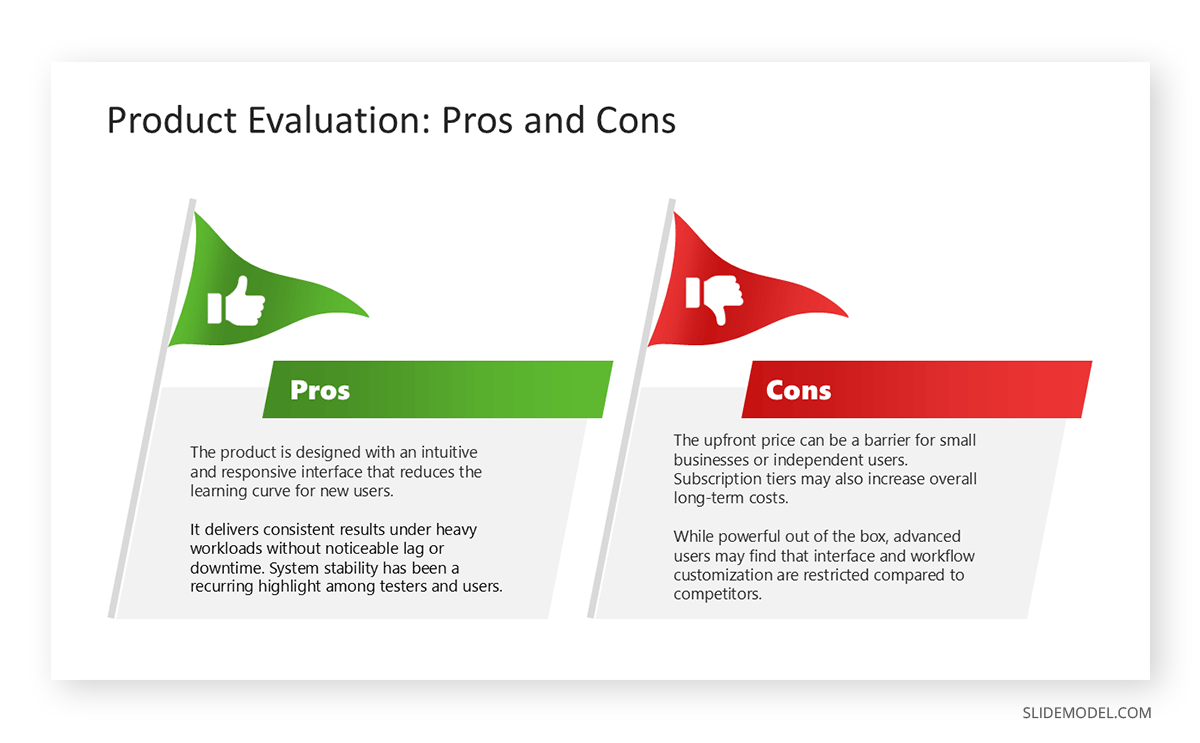 Pros and Cons slide using flags, hand icons, and color scheme to highlight points