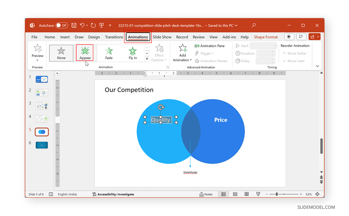 Selecting Appear animation in PowerPoint