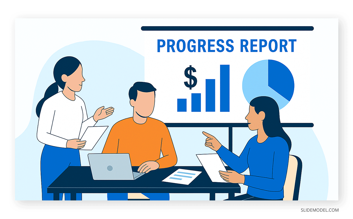 Presenters working on a progress report presentation