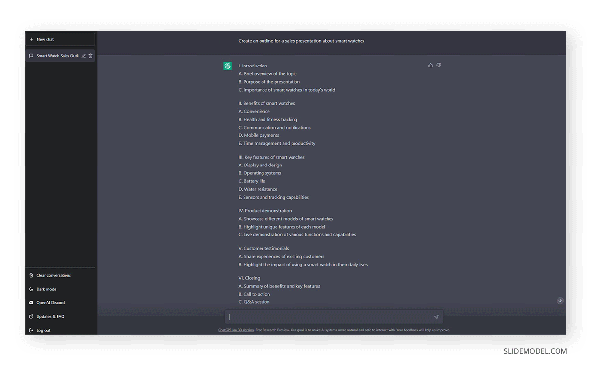 Outline generated for a sales presentation about smartwatches in ChatGPT