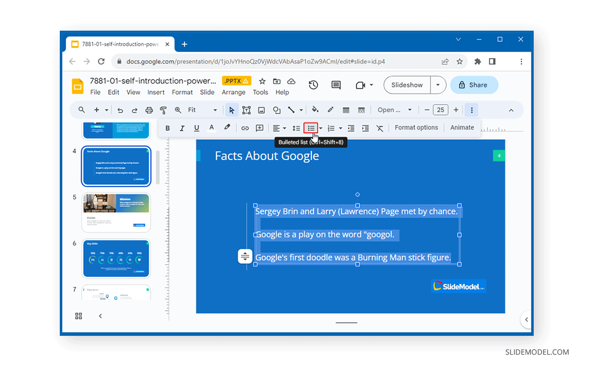 How to add bullet points in Google Slides