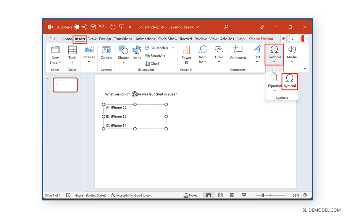 Insert checkbox symbol in PowerPoint