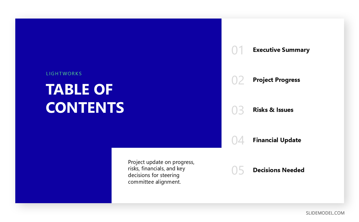 Table of Contents slide in Steering Committee Presentation