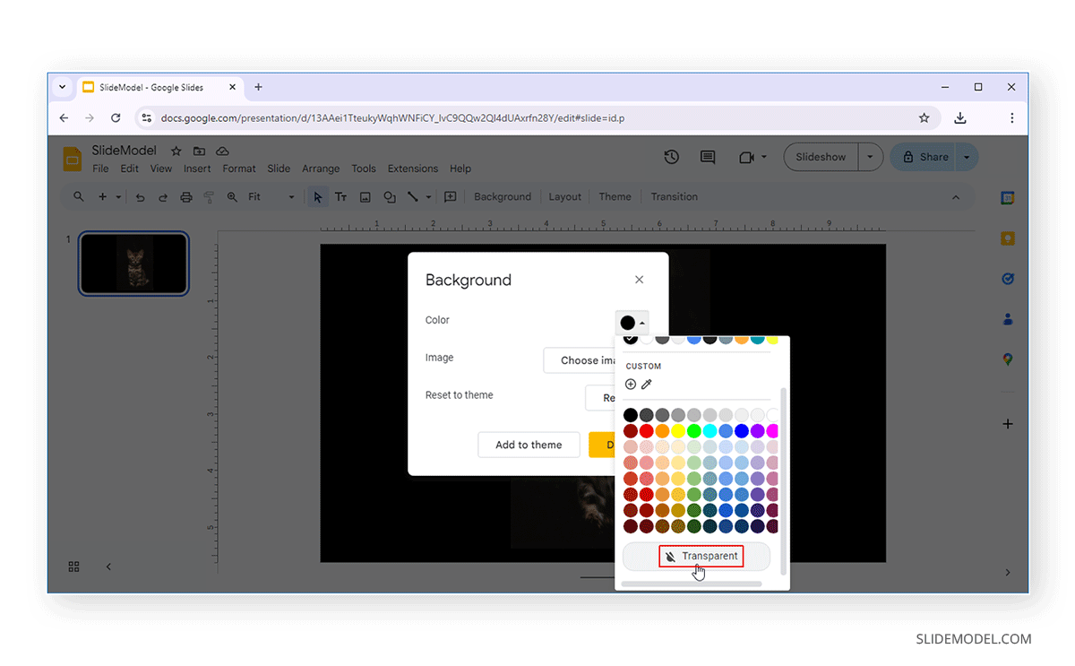 Change background color to transparency in Google Slides