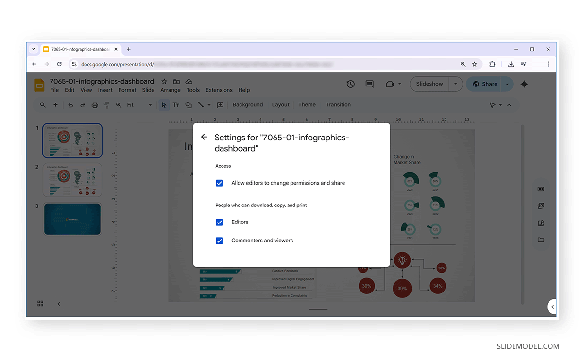 Editing the settings in Google Slides to control access and customization/copy options