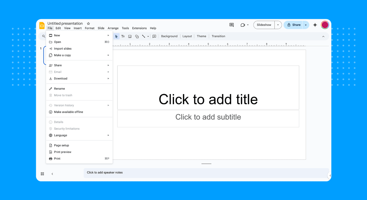 Page setup Google Slides menu