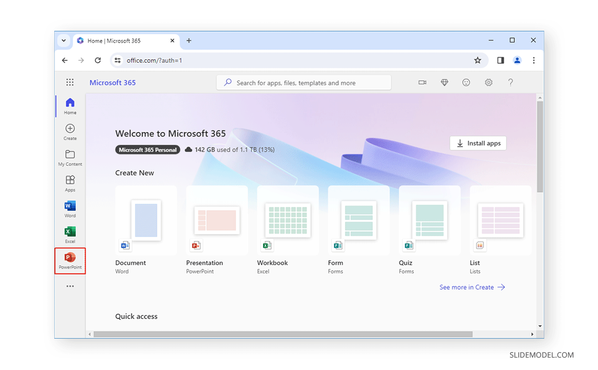 Opening PowerPoint for Web in Microsoft 365