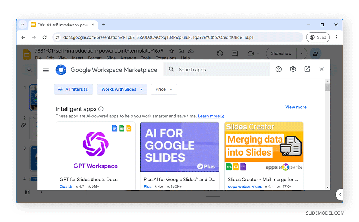 Browsing for Google Slides extensions