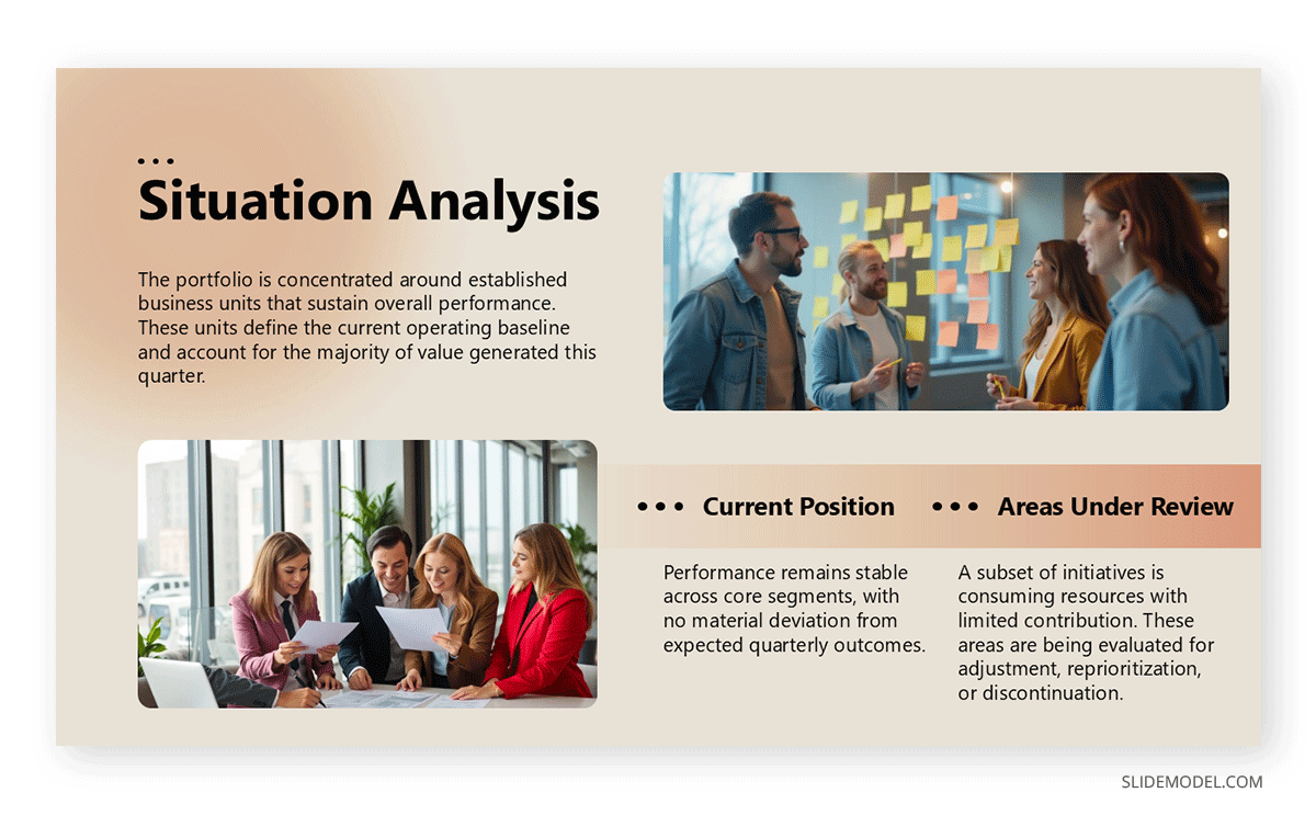 Narrative slide situation analysis on business portfolio presentation