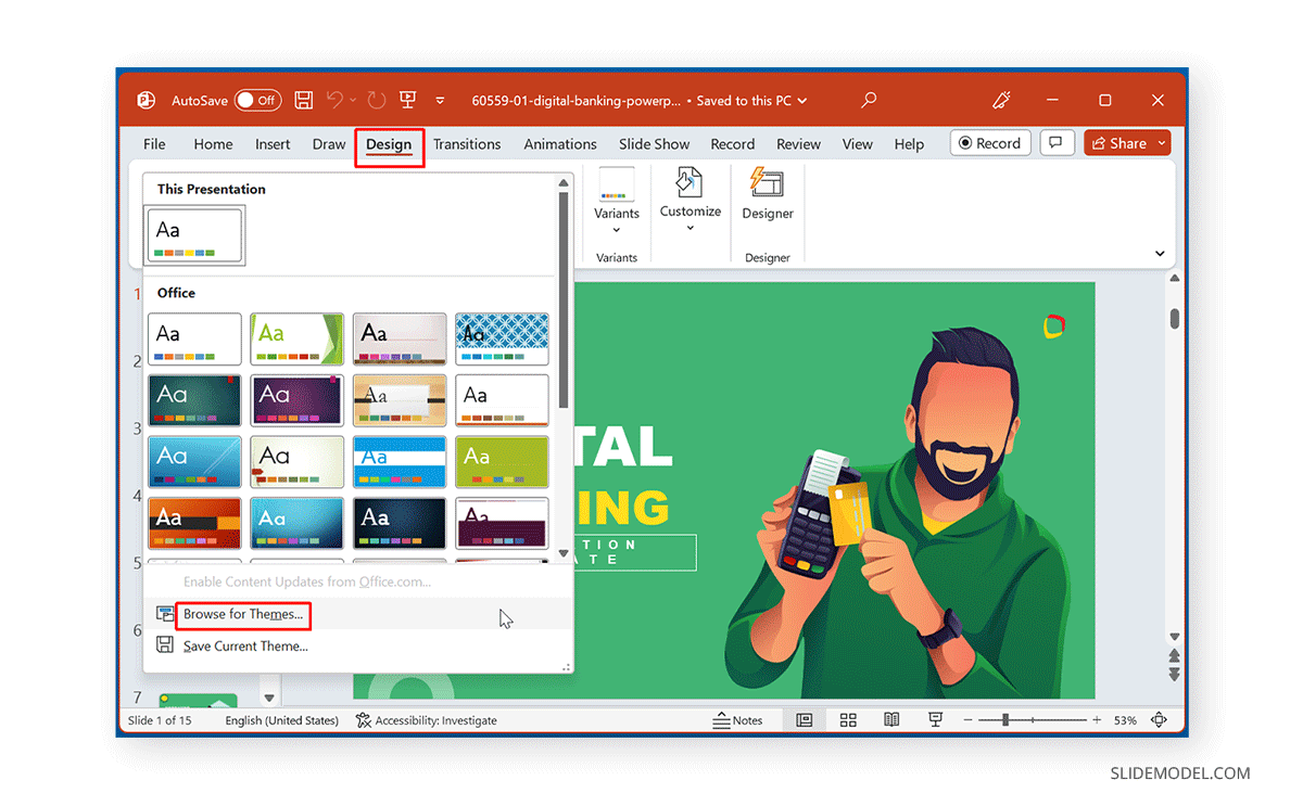 Browsing to change template in PowerPoint