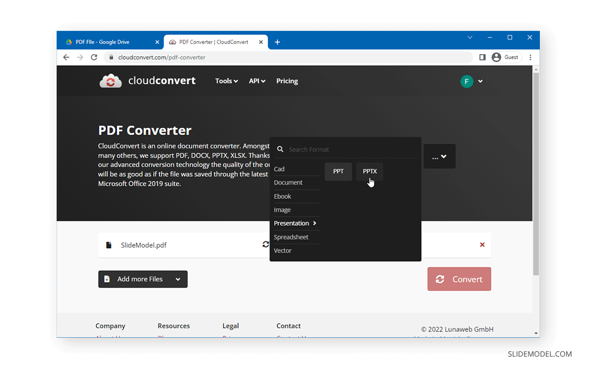 Convertir PDF en PPT ou PPTX dans CloudConvert