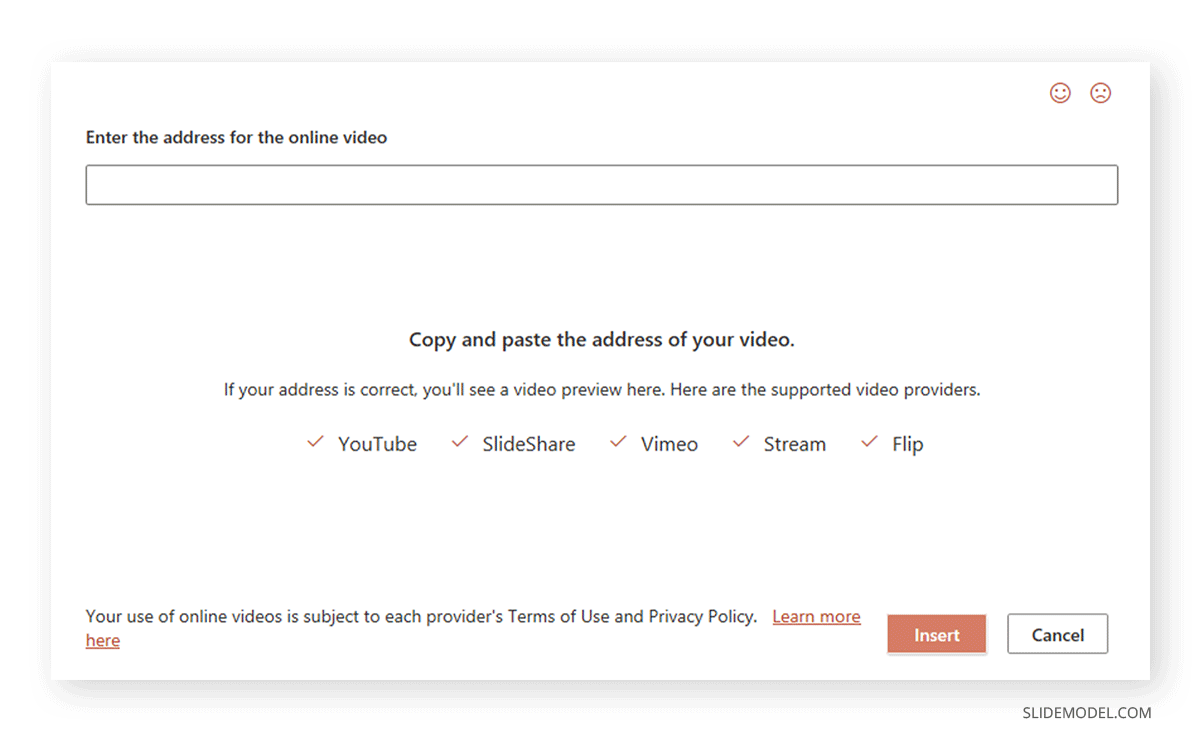 area in which to enter the online video address in PowerPoint