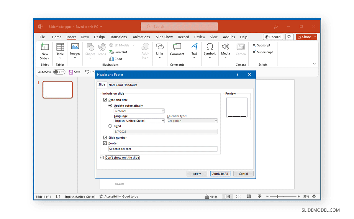 Options d'en-tête et de pied de page dans PowerPoint