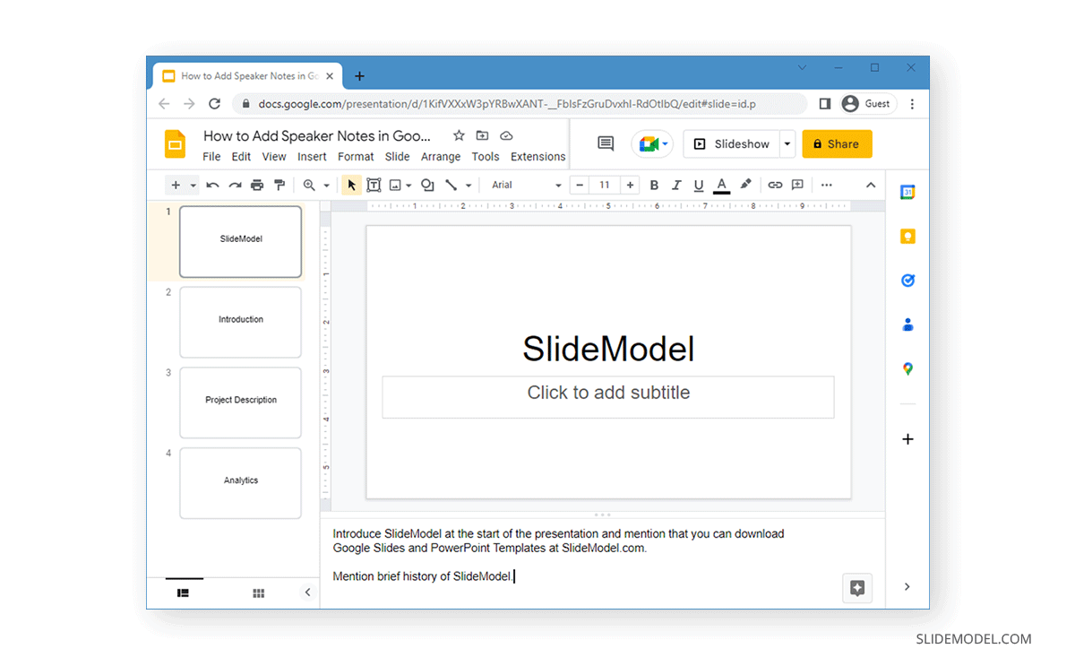 Example of how to add Speaker Notes in Google Slides