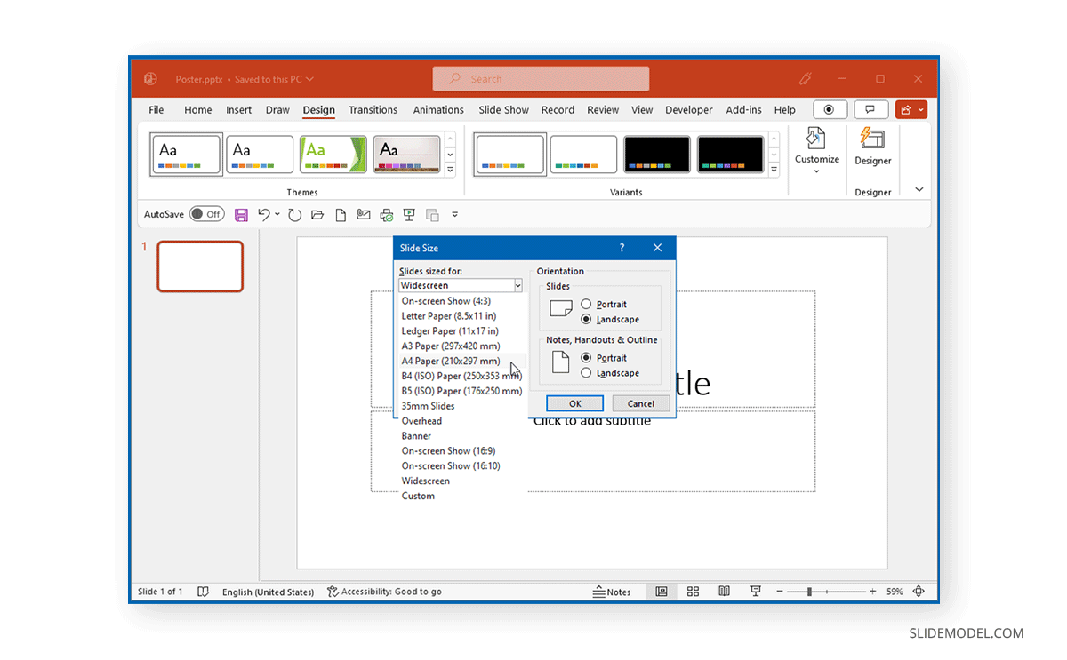 Pre-selected sizes for slides in PowerPoint