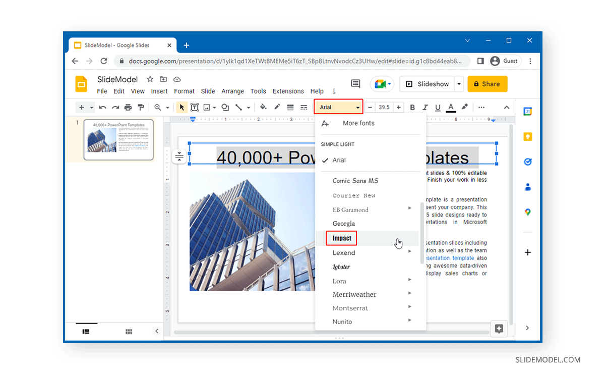 Selecting a pre-installed font from Google Slides