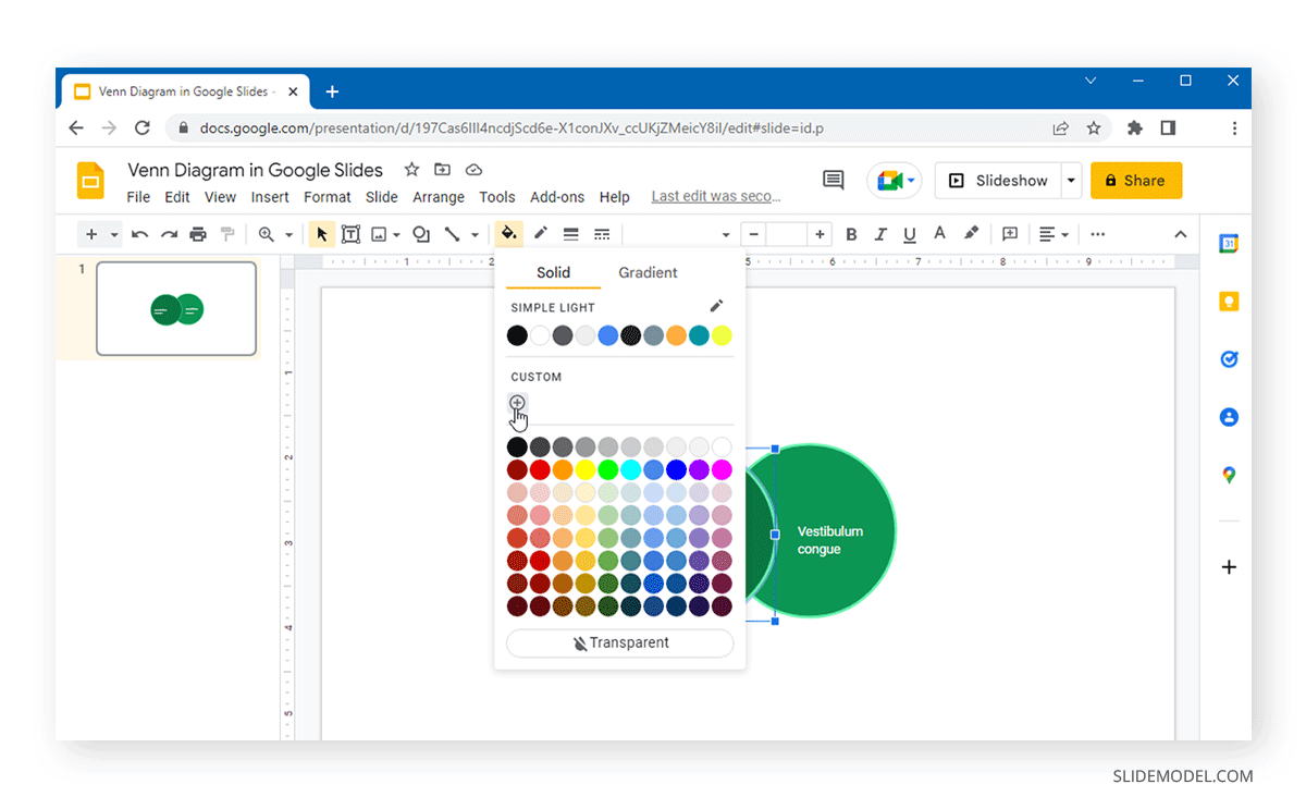 localiser l'option permettant d'ajuster la transparence des diagrammes de Venn dans Google Slides