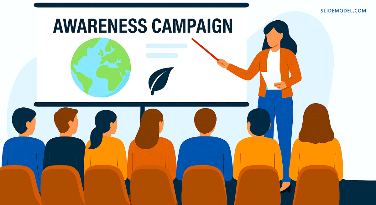 A female speaker delivering a nonprofit awareness campaign presentation