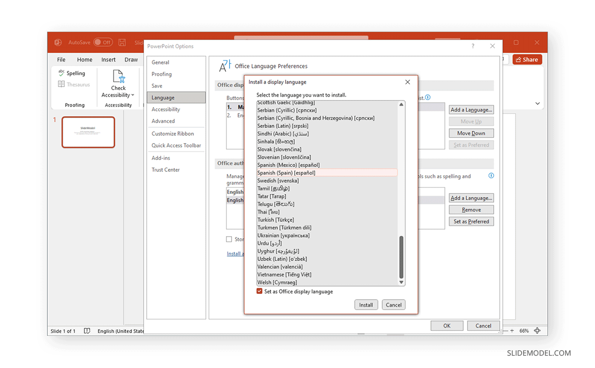 selecting a new language in PowerPoint from the available languages and variants