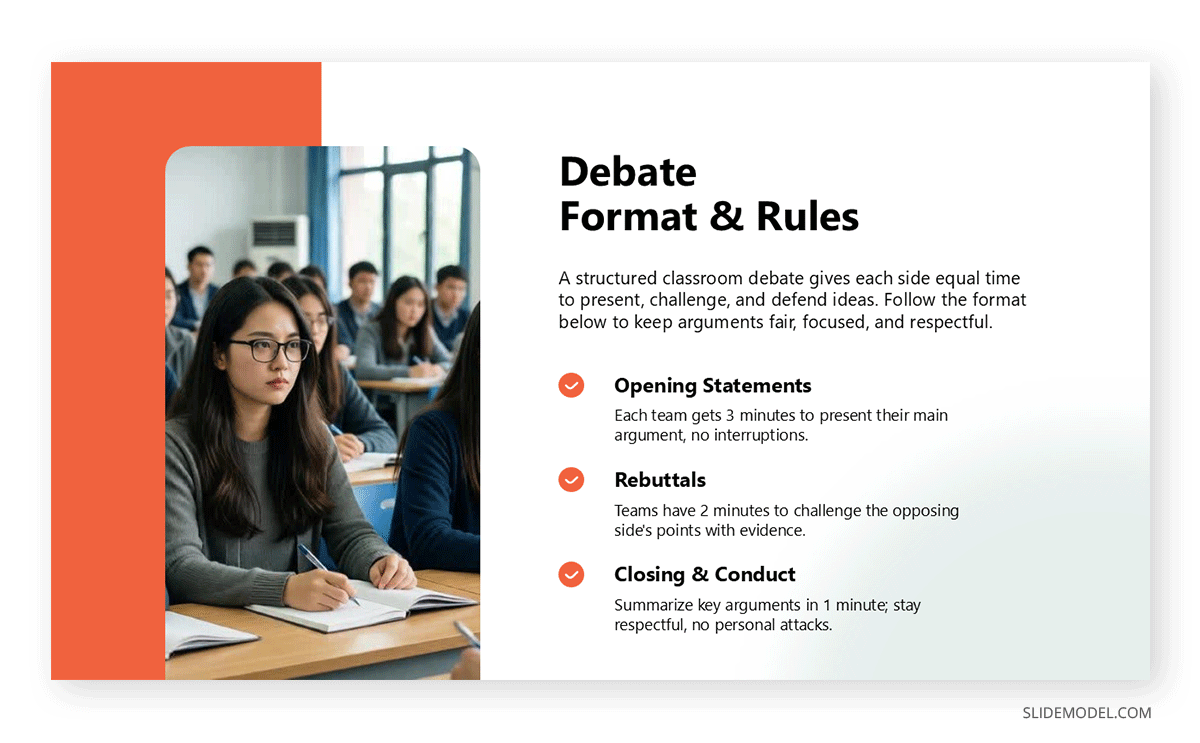 Debate format and rules slide for classroom presentation