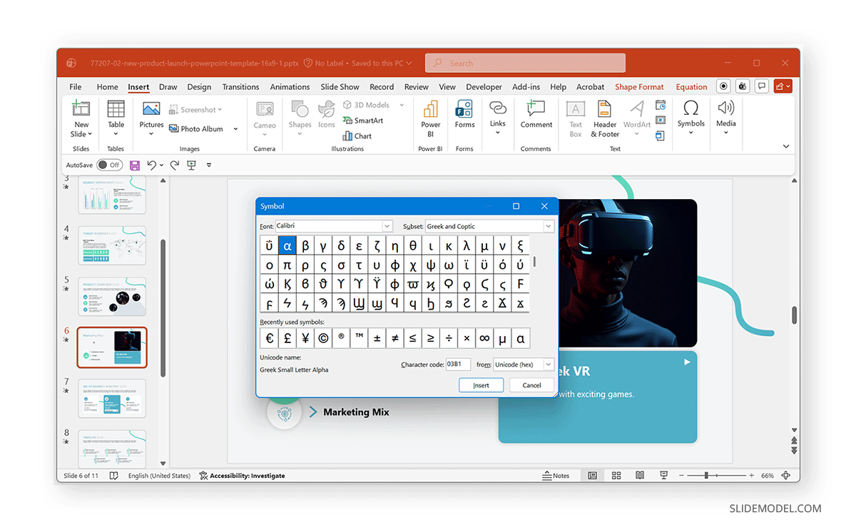 Inserting alpha greek alphabet in PowerPoint
