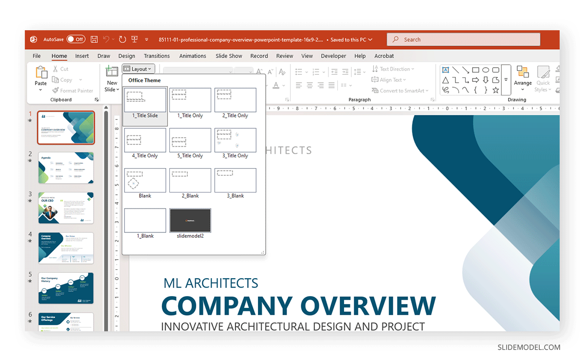 PPT template showcasing the Layout options at the Home tab