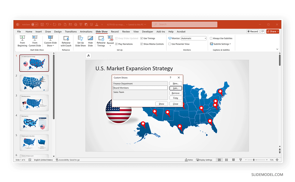 Contextual menu with custom slide shows created