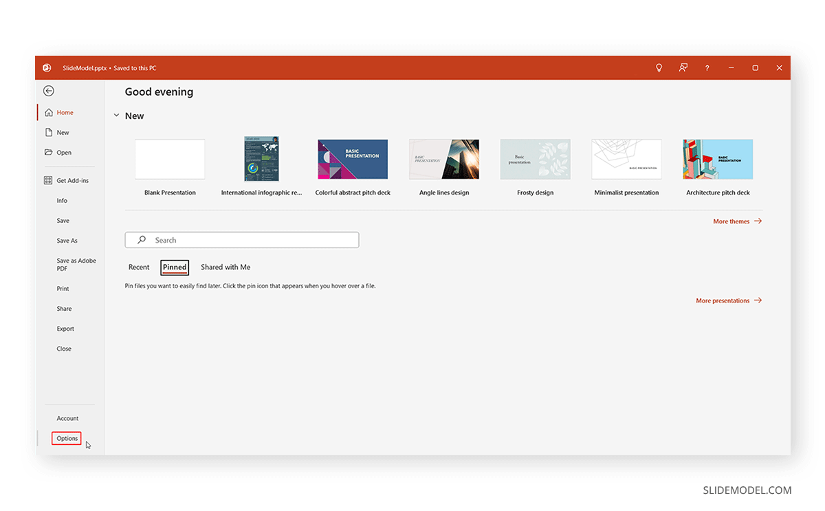 Locating PowerPoint general options