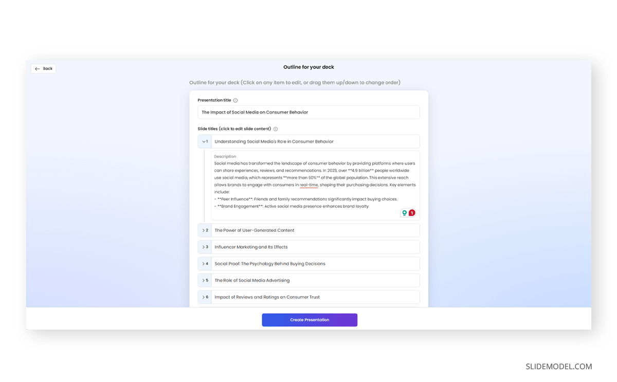 Review and detail outline information in Presentations AI
