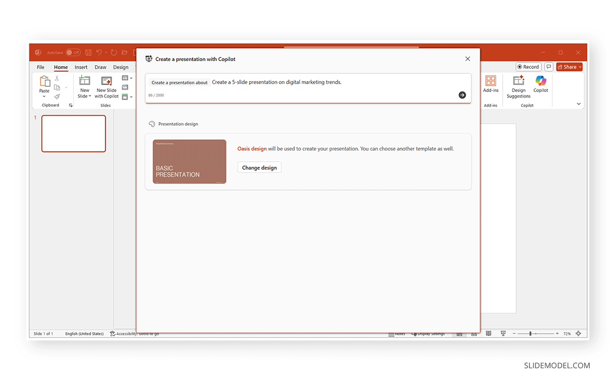 Prompt area to generate a deck with Microsoft Copilot