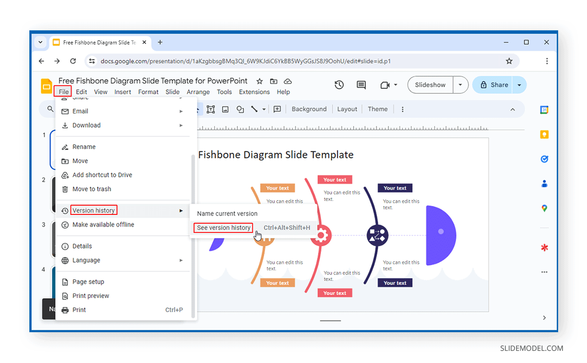 Accessing Google Slides version history