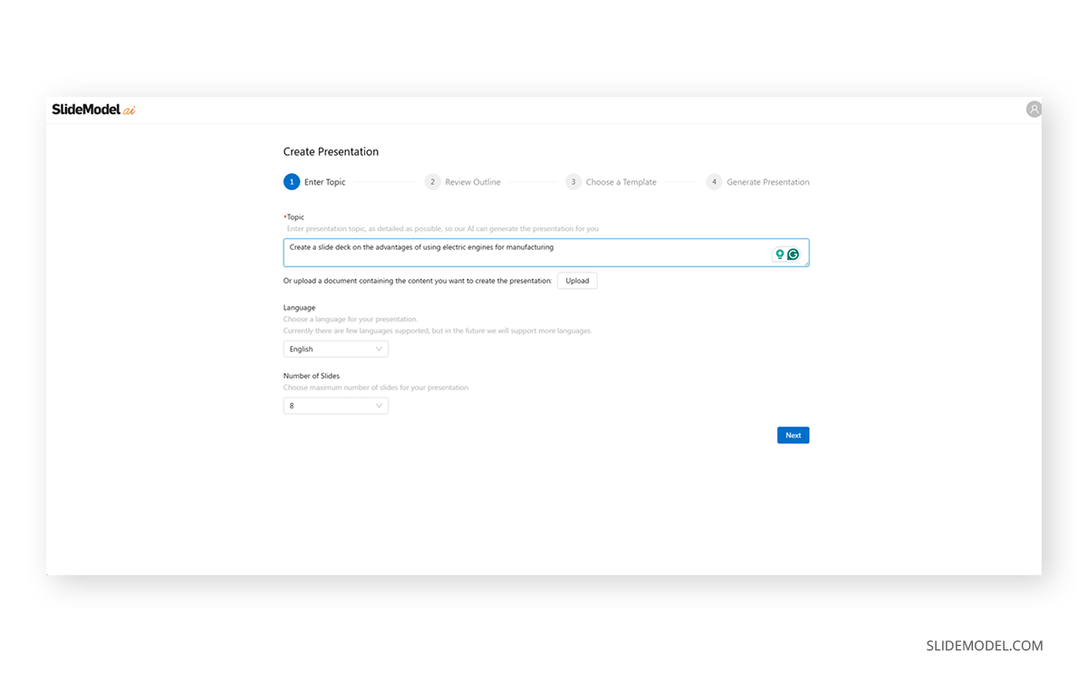 Writing a prompt to generate a slide deck with SlideModel AI