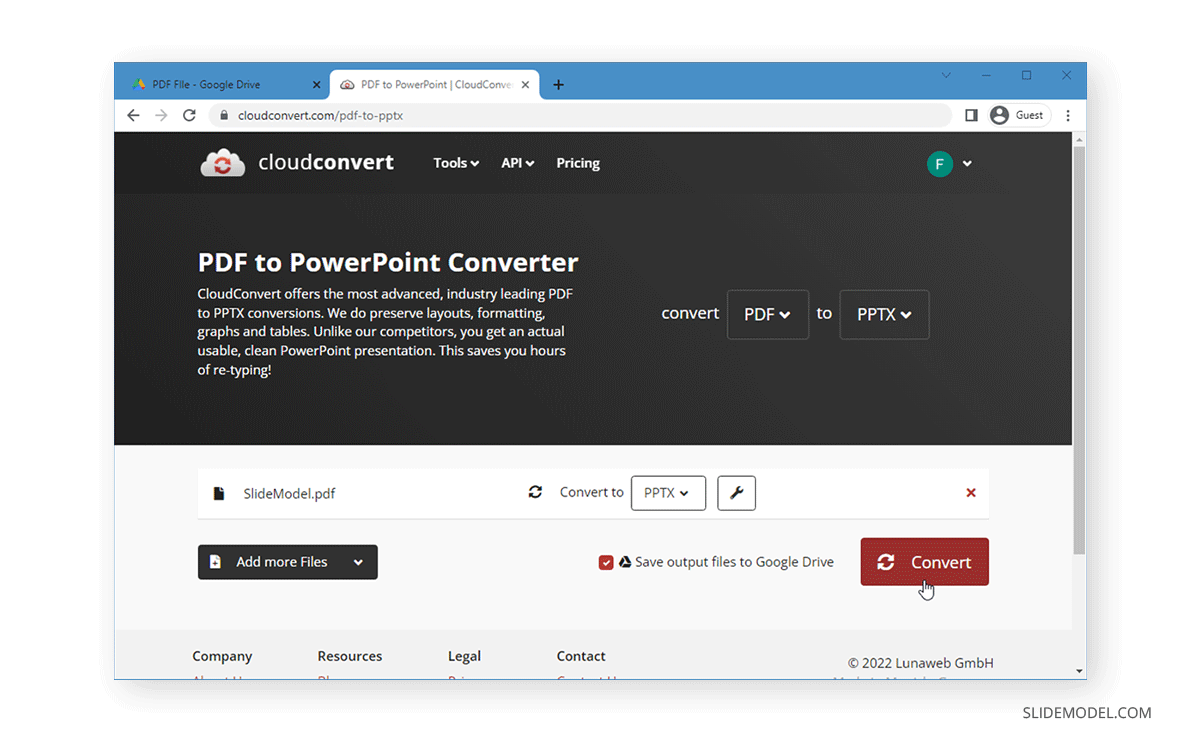 Conversion terminée de PDF en PPTX dans CloudConvert