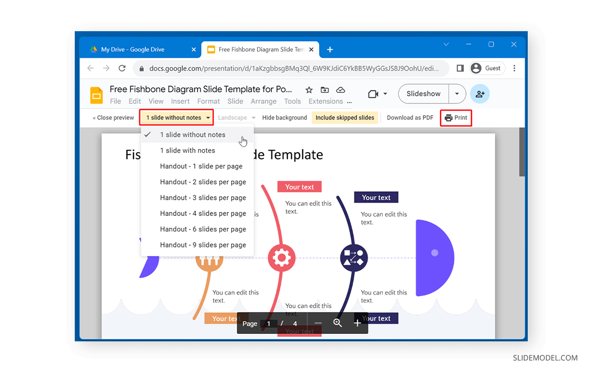 Select notes to print in Google Slides