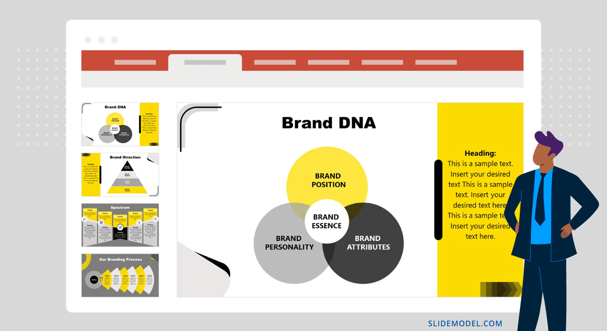 Un présentateur présentant le concept de marque à un public à l'aide de notre modèle PowerPoint de stratégie de marque