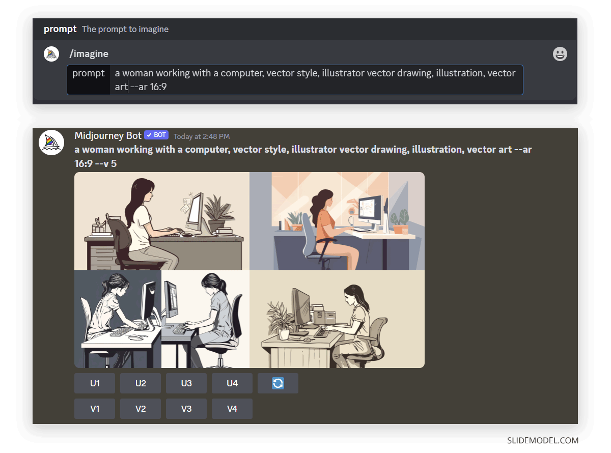 Illustrations of a woman working with a computer simple prompt by Midjourney