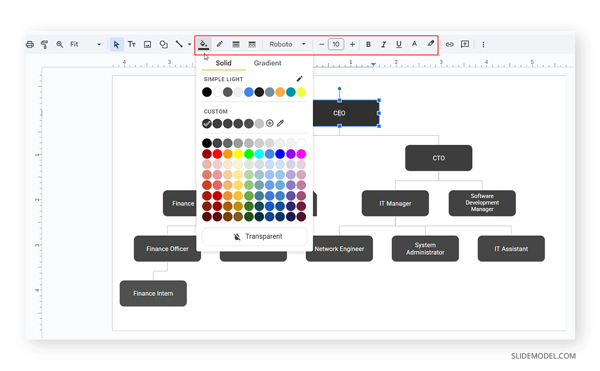 Editing color and elements of the org chart in Google Slides