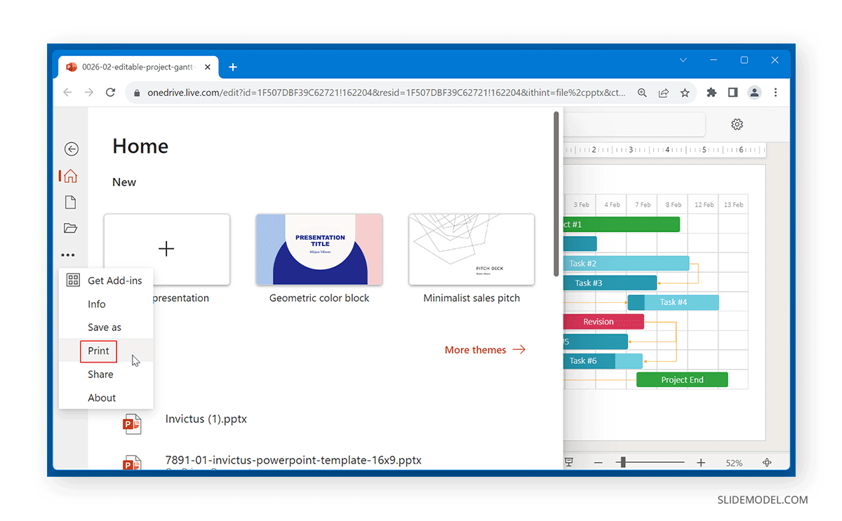 Options to print PowerPoint document with notes via Web (OneDrive)