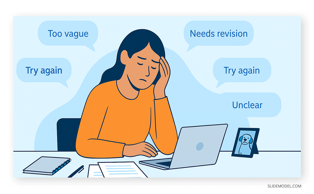 Depressed presenter ruminating over negative feedback on her presentation
